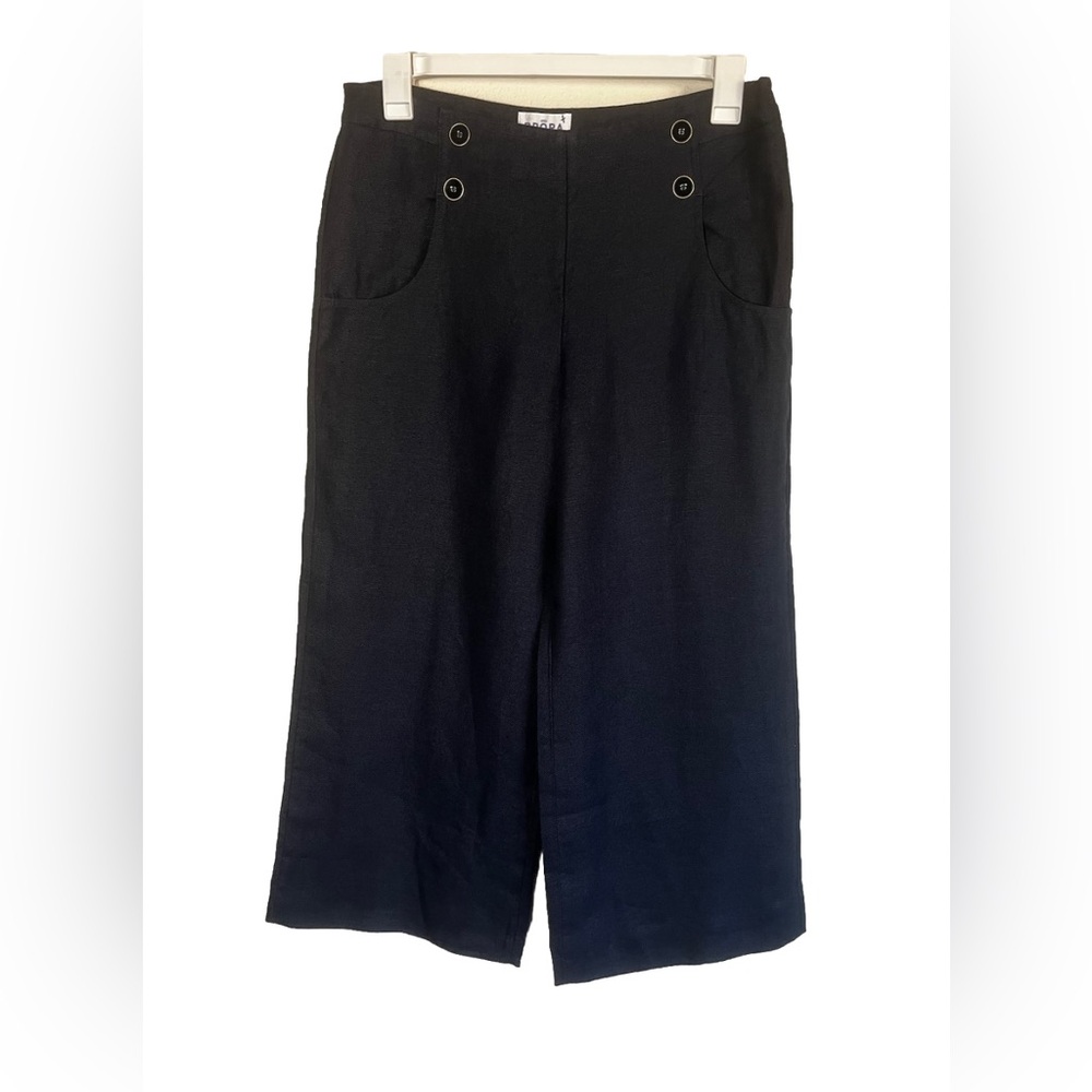 BRORA Navy 100% Linen Button Front Wide Leg Cropped Trousers Size 12